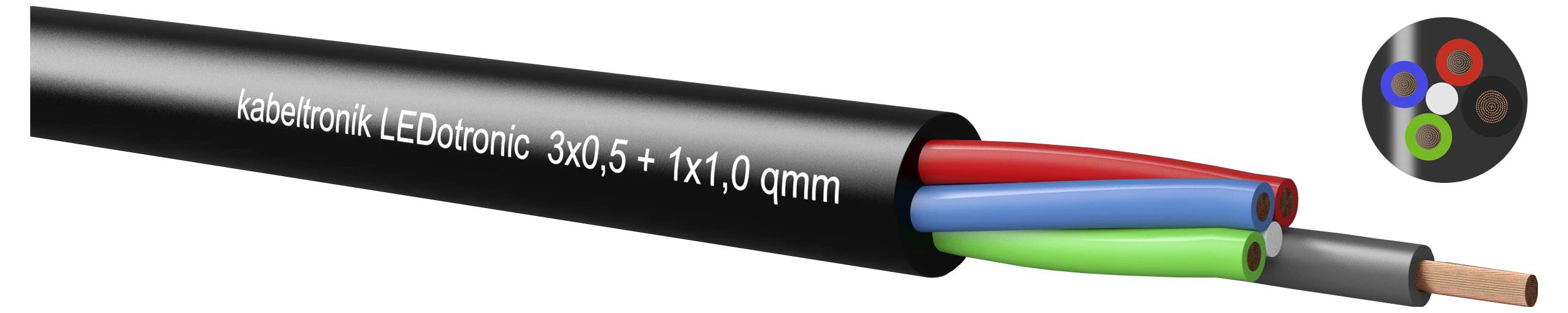 Prerez crnog kabela označenog 'kabeltronik LEDtronic 3x0,5 + 1x1,0 gmm' koji prikazuje četiri obojane unutarnje žice i ogoljena bakrena kraja.