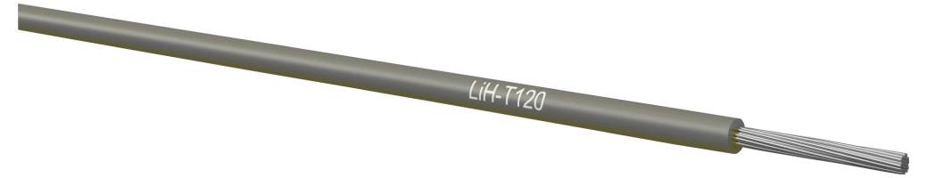 Sivi izoliran električni kabel označen sa 'LiH-T120' s izloženim srebrnim vodičima na jednom kraju, prikazan na bijeloj pozadini.