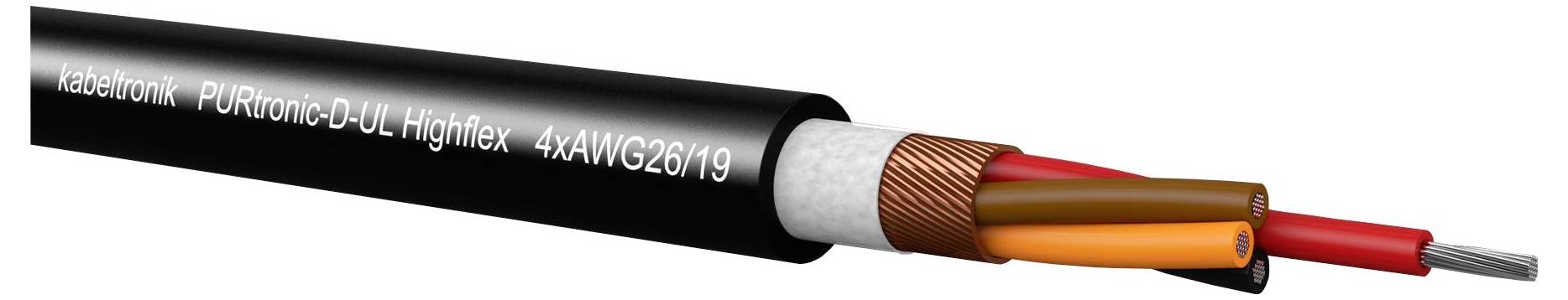 Presjek kabela Kabeltronik PURTronic-D-UL Highflex 4xAWG26/19 koji prikazuje označenu vanjsku oblogu, bakreno zaštitno oklopljenje, izolaciju i unutarnje crvene, narančaste i sive vodiče.