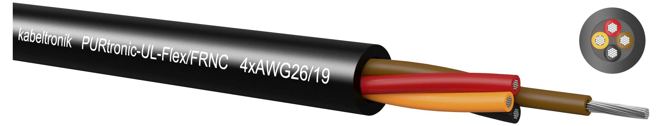Presjek crnog kabela označenog "PURtronic-UL-Flex/FRNC 4xAWG26/19" koji prikazuje četiri izolirana unutarnja vodiča koji se protežu iz zaštitnog omotača.