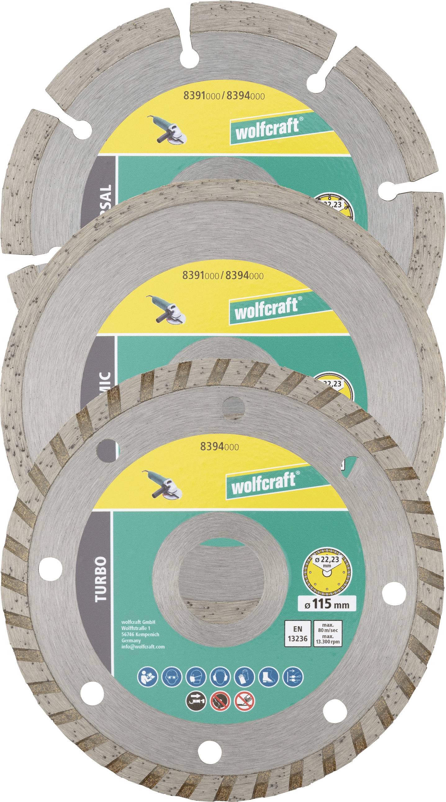 Wolfcraft 8394000 Diamanten doorslijpschijf 115 mm 1 set(s) Oud gewapend beton, Baksteen, Bouwmaterialen, Beton, Beton, universeel, Dakpan, Aluminium-grijs,