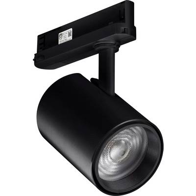 Crna podesiva LEDTracklight stropna reflektorska lampa sa cilindričnom glavom i montiranom adapter šinom na bijeloj pozadini.
