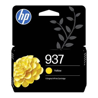 HP 937 žuta originalna tinta u paketu sa grafikom žutog cvijeta i HP logotipom na crnoj kutiji.