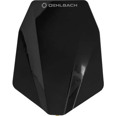 Crni elektronički uređaj ili dodatak za zvučnik Oehlbach s fasetiranom, kutnom prednjom stranom i logotipom na vrhu.