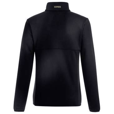 Crna dugarokava jakna sa zipom i visokim ovratnikom, prikazana sa leđa na bijeloj pozadini, brendirana s 'UVEX' oznakama na vratu.