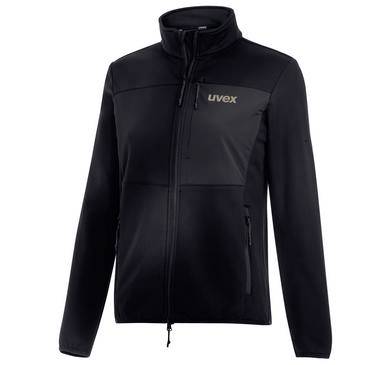 Crna jakna sa punim zipom, visokim ovratnikom, dugim rukavima i logotipom 'uvex' na prsima, prikazana iz prednje perspektive na bijeloj pozadini.