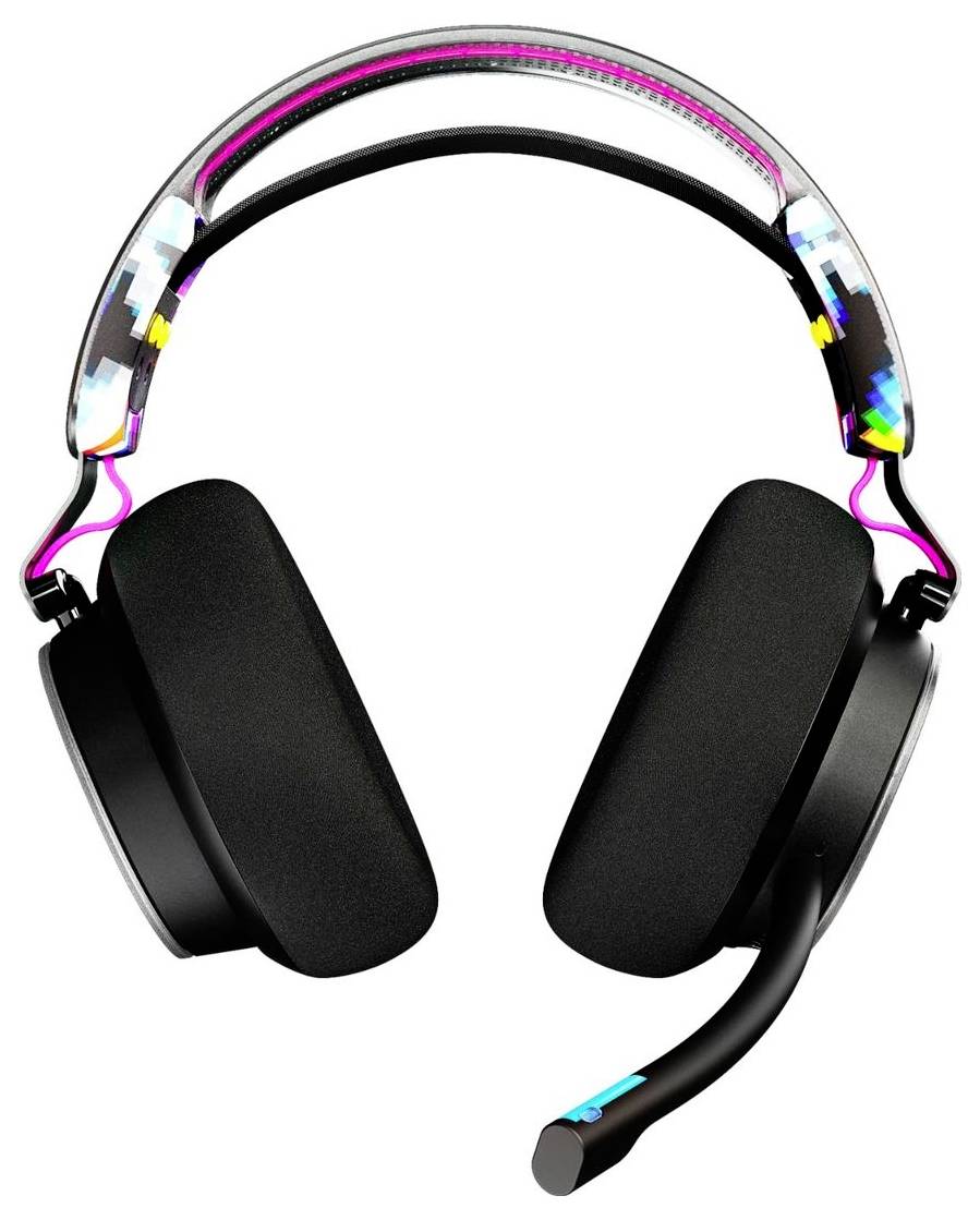 Crne over-ear gaming slušalice s boom mikrofonom i irideszentnom RGB osvijetljenom trakicom na bijeloj pozadini.