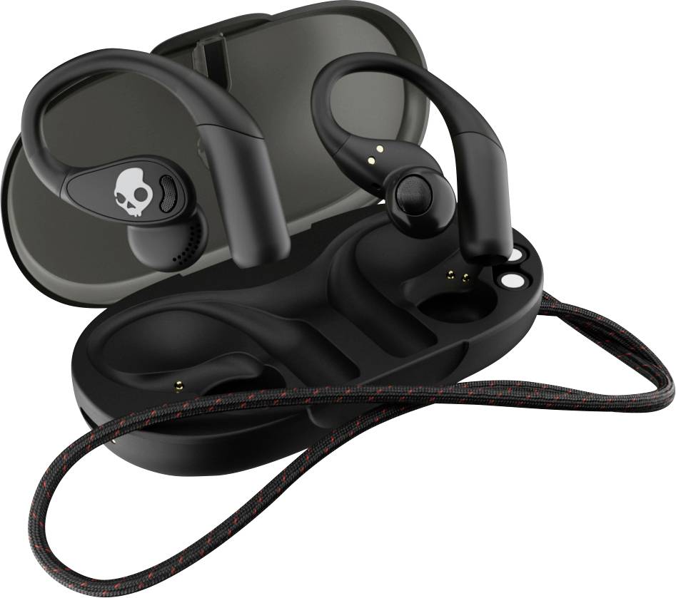 Crne bežične slušalice Skullcandy u otvorenom kućištu za punjenje s priloženim pletenim kablom za punjenje.