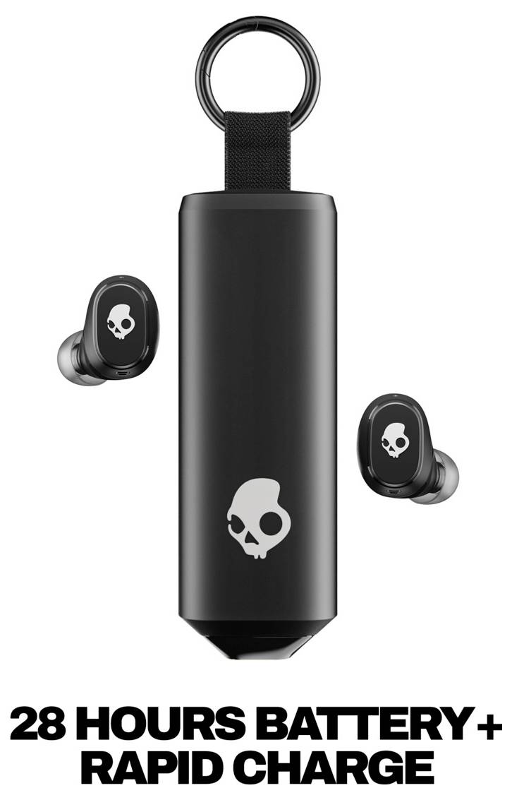 Crne Skullcandy slušalice i kutija za punjenje prikazane s tekstom '28 SATI BATERIJE+ BRZO PUNJENJE'.