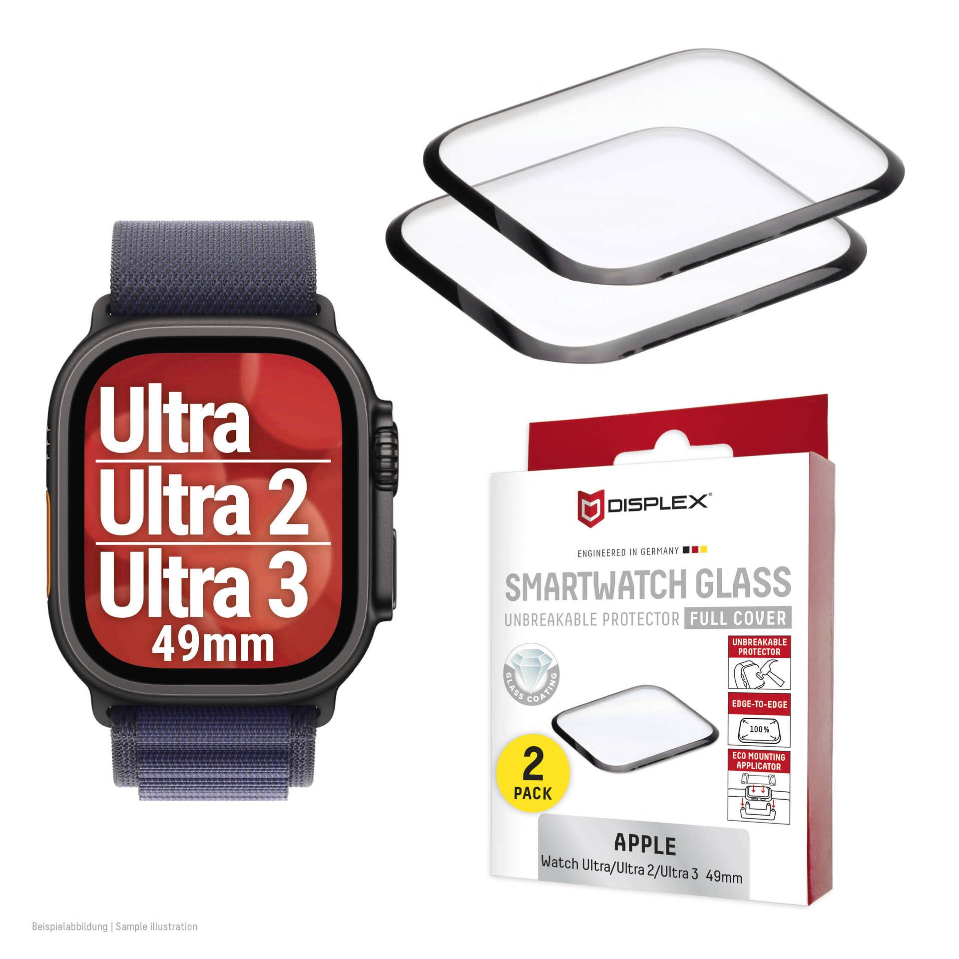 Displex Unbreakable Full Cover Smart Glass Apple Watch Ultra/Ultra2 (49mm), 2-Pack, Ultra/Ultra2-Thin, Edge-to-Edge, Eco Mount, Schermbeschermer, Smartwatch, Transparant, Apple, Apple Watch Ultra/Ultra2 (49mm), Gehard glas