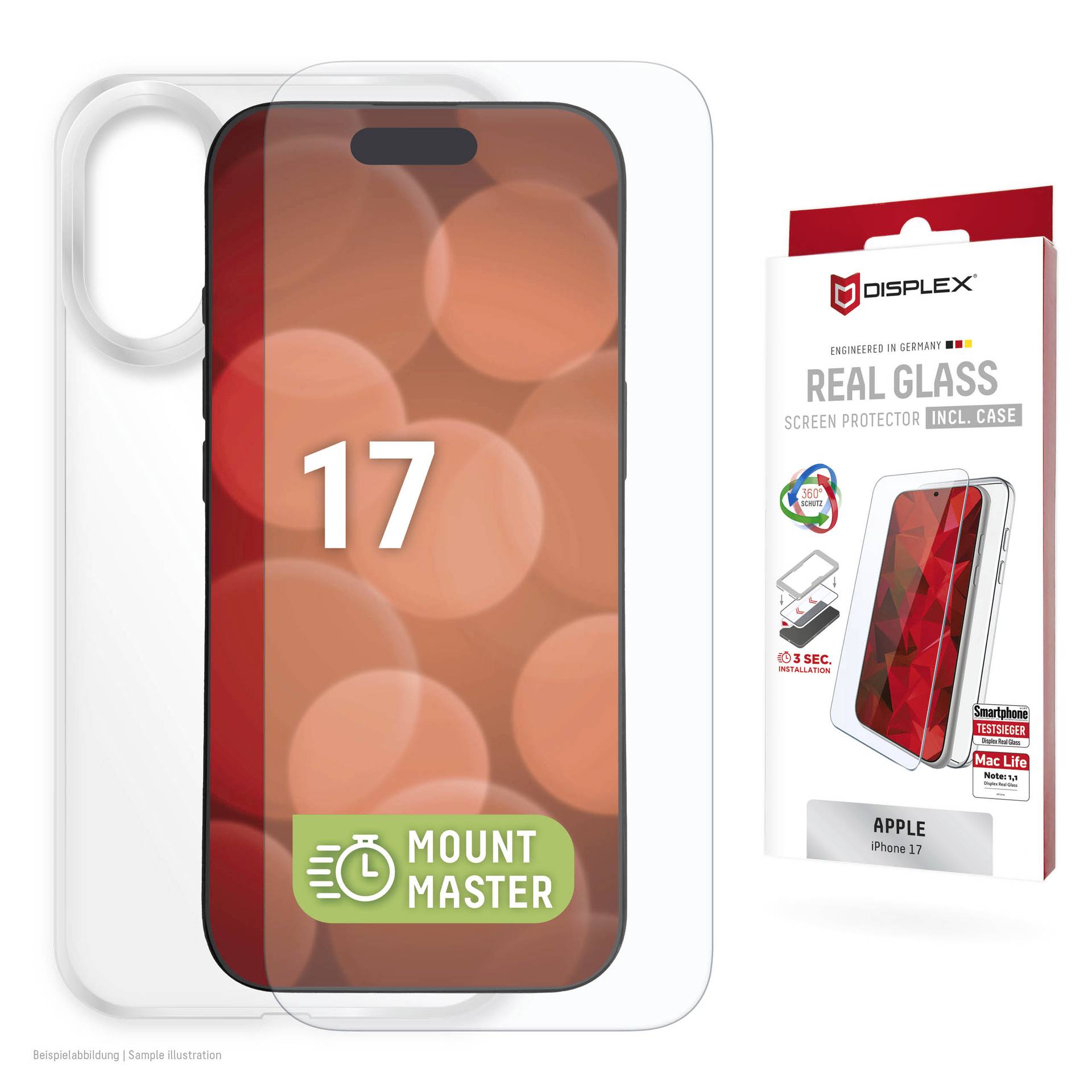 Slika proizvoda prozirne zaštite ekrana pametnog telefona sa futrolom za Apple iPhone 17, prikazana u pakiranju označenom sa "DISPLEX" i "Real Glass".