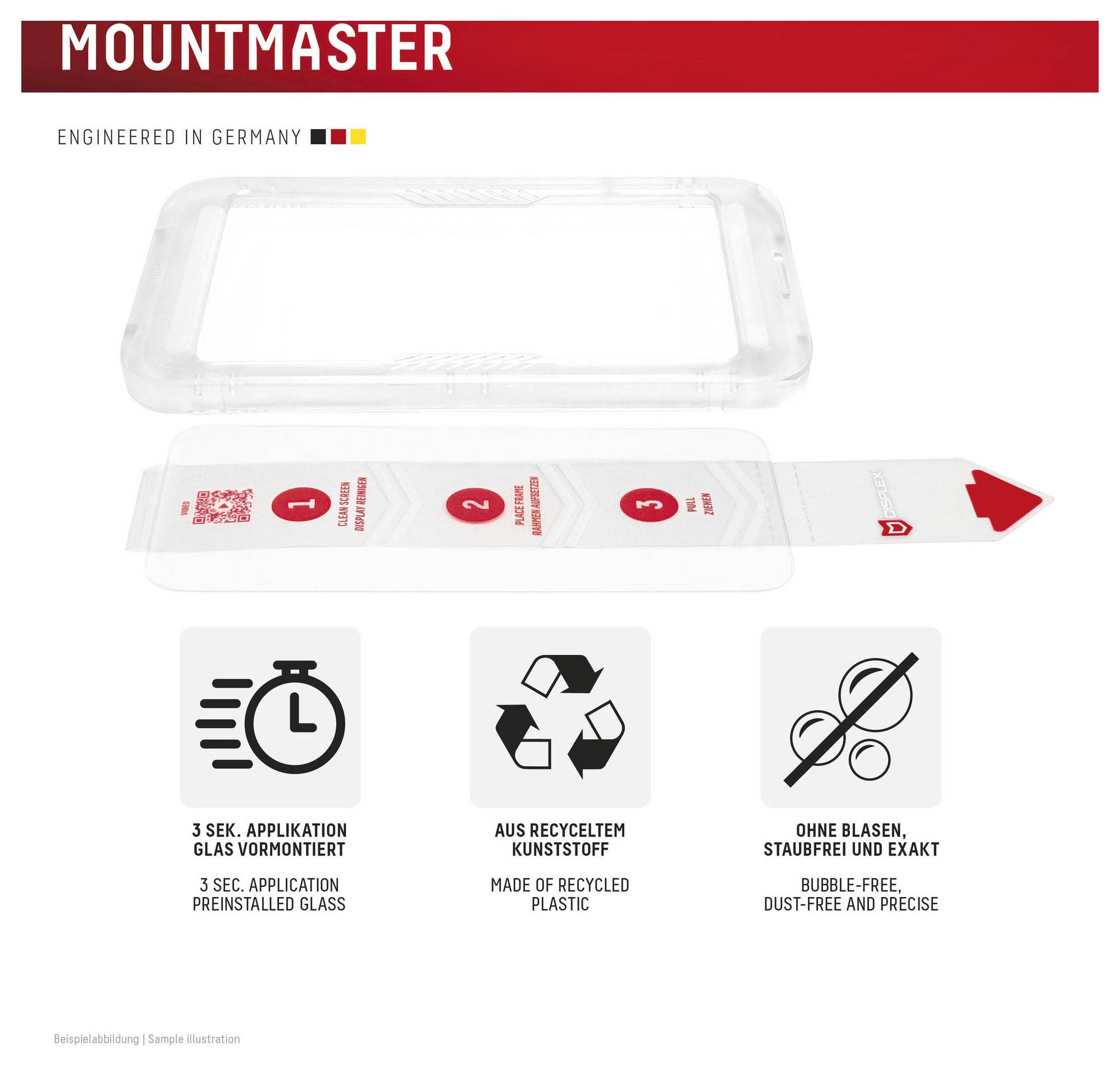 MOUNTMASTER pakiranje prikazuje preunaprijed instaliranu zaštitu od stakla s povlačnom instalacijom, izrađenu od recikliranog plastike, bez mjehurića, bez prašine i preciznu.