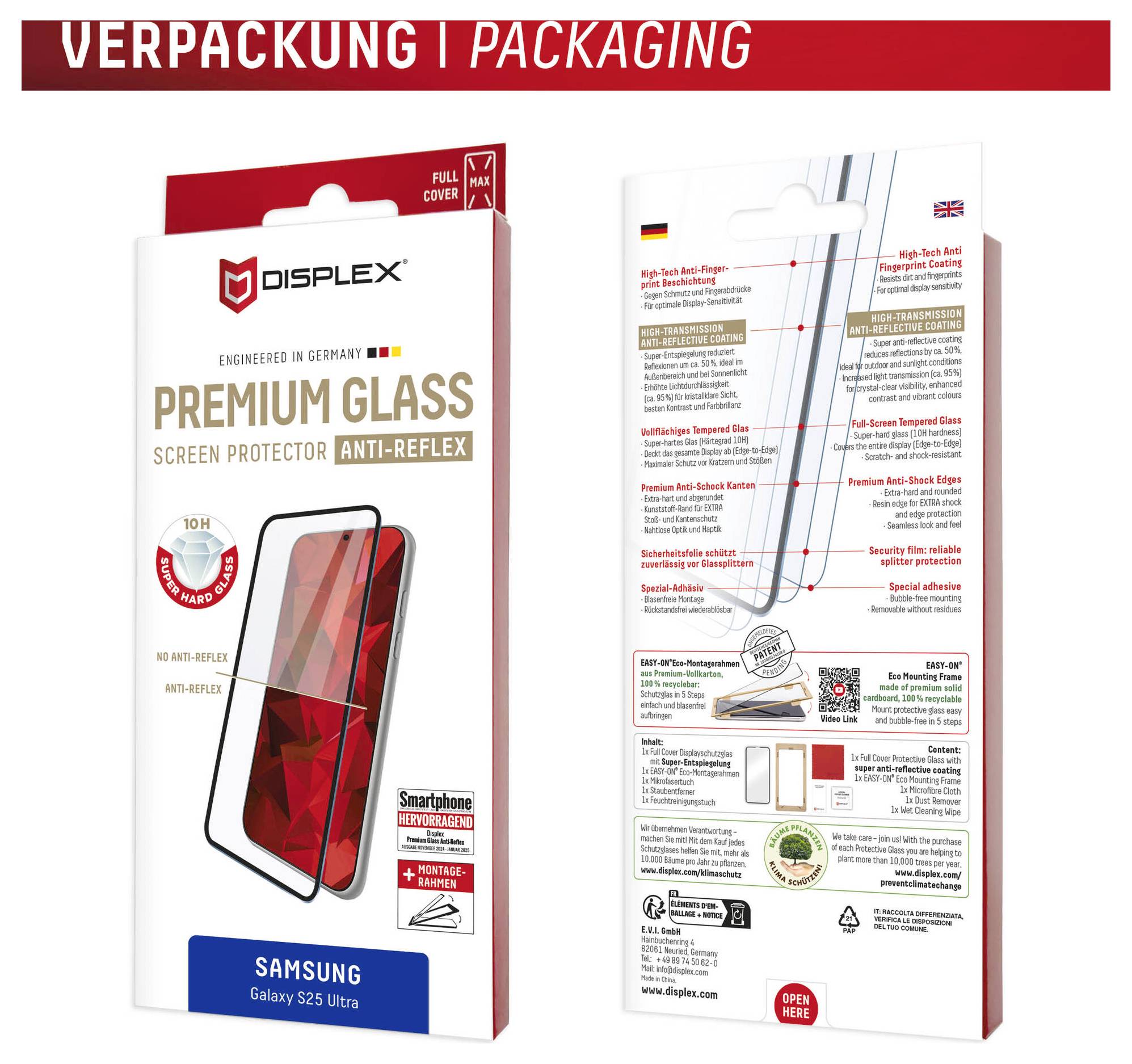 Pakovanje za Displex Premium Glass zaštitnik ekrana, prikazano s prednje i stražnje strane za Samsung Galaxy S25 Ultra s anti-refleksnim i full-cover značajkama.