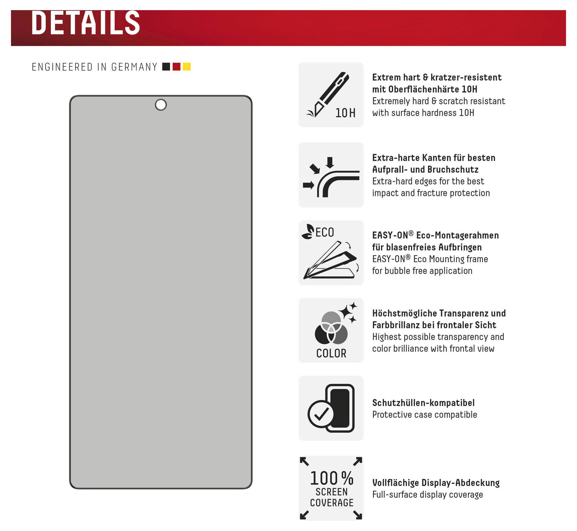 Grafika s detaljima zaštitnog stakla s obrisa telefona i ikonama koje ističu tvrdoću 10H, zaštitu rubova, lak okvir za montažu, visoku prozirnost, kompatibilnost s kućištem i pokrivanje cijelog zaslona.