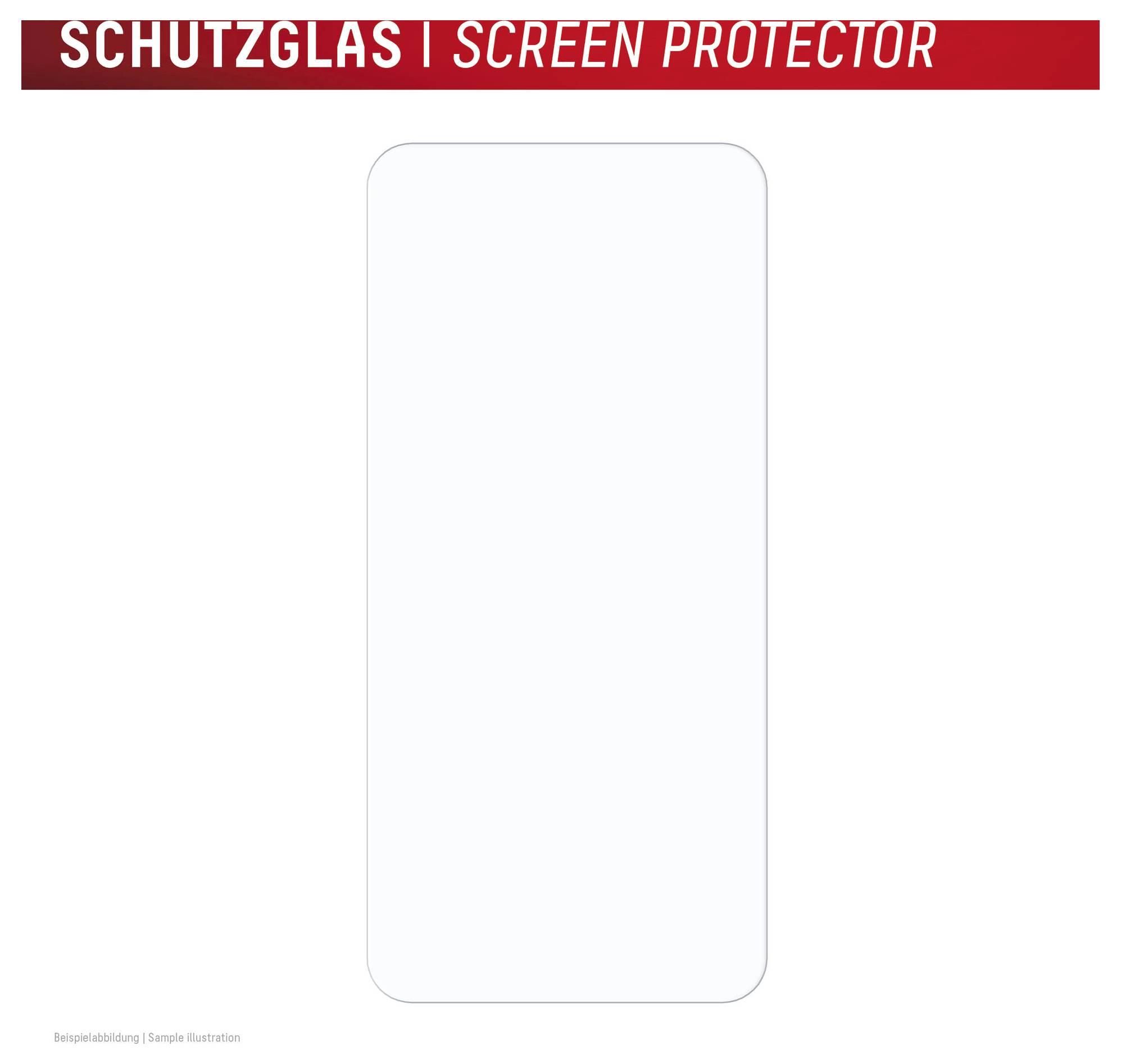Zaštitno staklo za smartphone prikazano kao zaobljeni pravokutni list stakla na bijeloj pozadini, označeno sa 'SCHUTZGLAS | SCREEN PROTECTOR'.