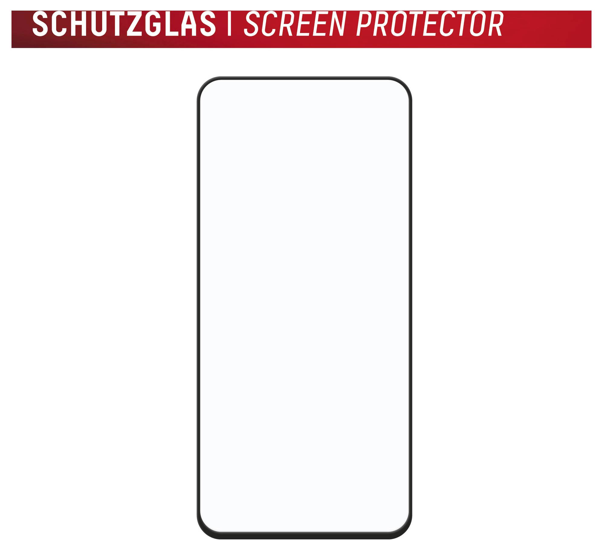 Prazan zaštitnik ekrana za pametni telefon sa zaobljenim kutovima na bijeloj pozadini, označen sa 'SCHUTZGLAS | ZAŠTITNIK EKRANA' na vrhu.
