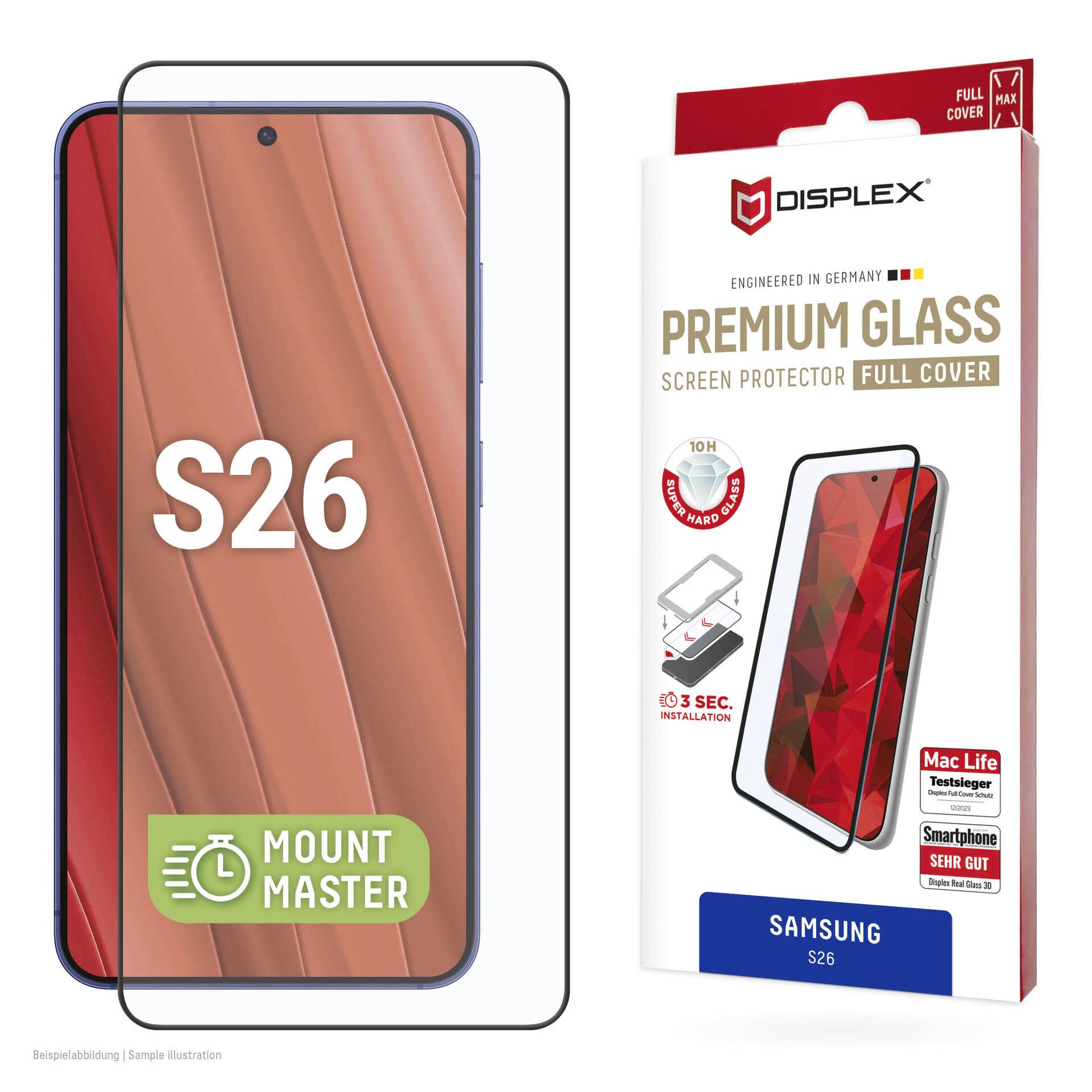 Zaštitnik zaslona Samsung S26 prikazan na telefonu s modelskom reprezentacijom i kutiji proizvoda označena 'DISPLEX Premium Glass Screen Protector Full Cover' za Galaxy S26.