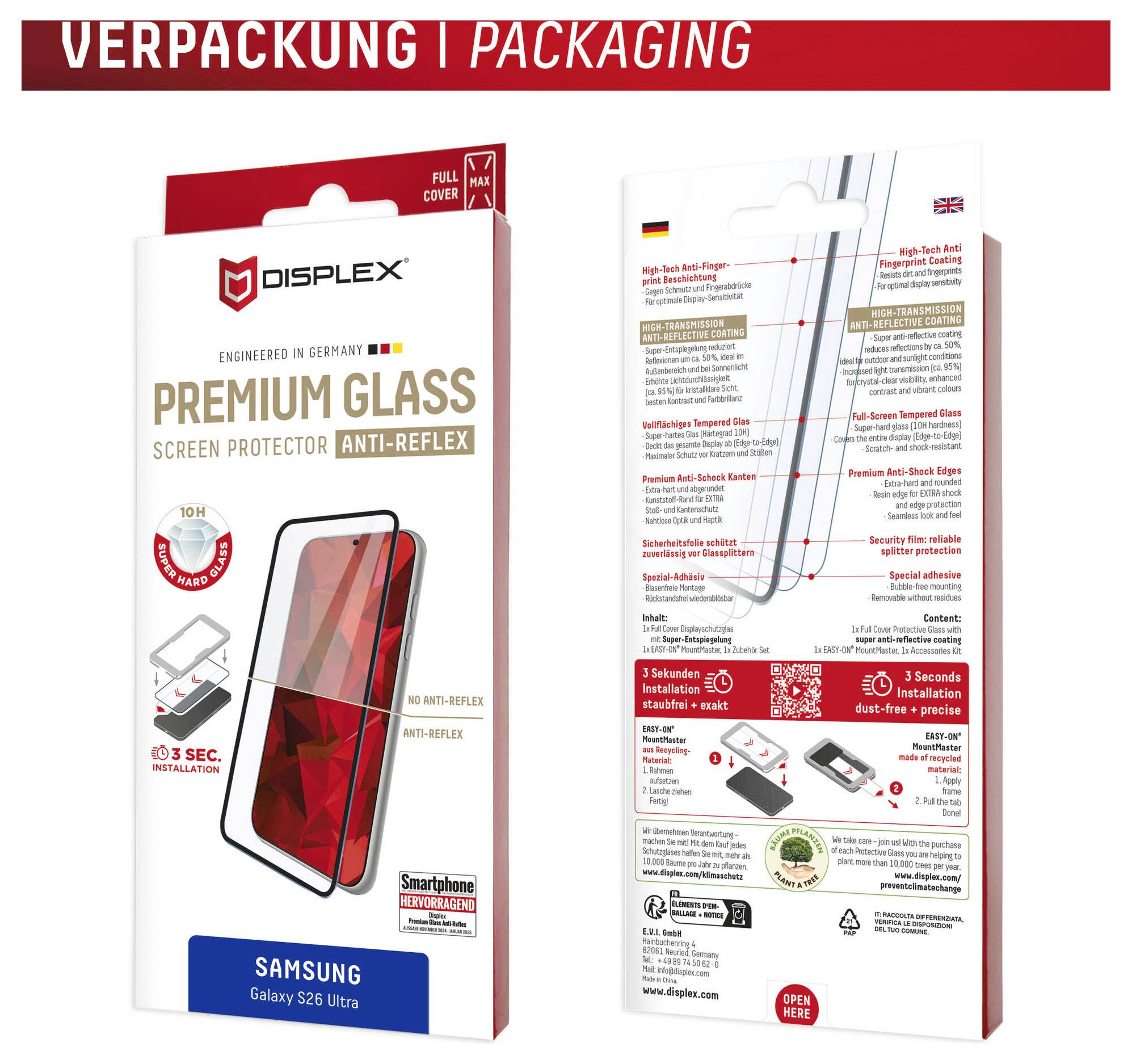 Pakovanje za Displex Premium Glass zaštitnik ekrana protiv refleksa za Samsung Galaxy S25 Ultra, prikazujući prednju i stražnju stranu kutije s uputama za instalaciju i značajkama proizvoda.