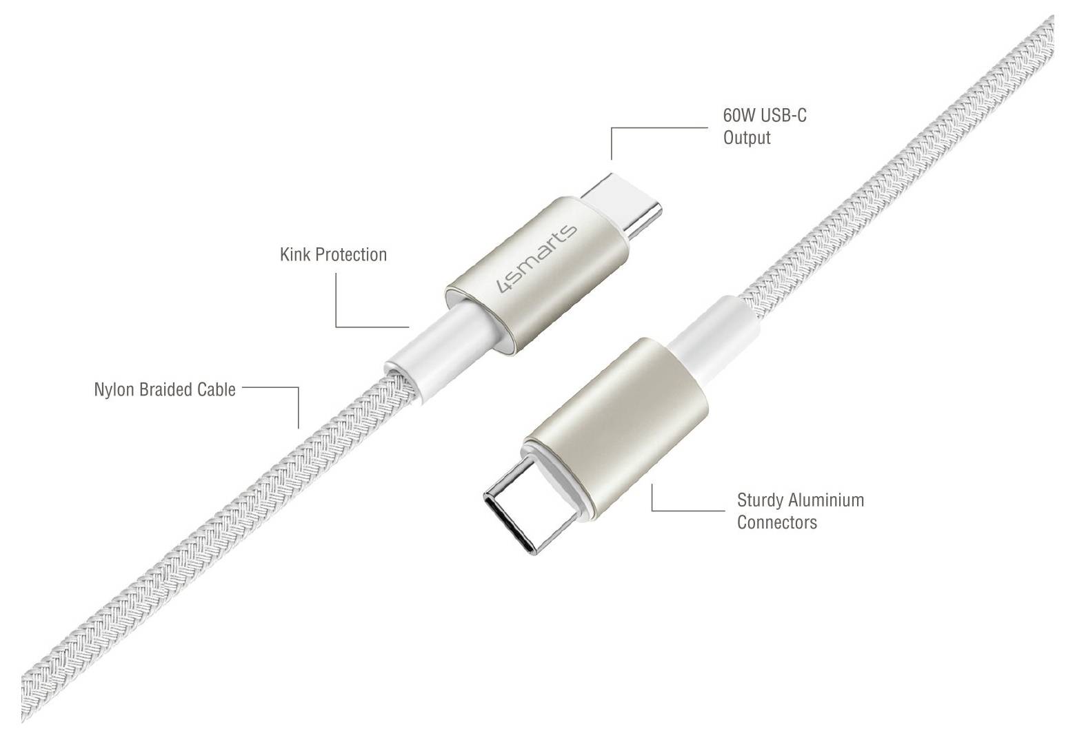 Slika proizvoda nylon-pletenog USB-C kabela s 60W USB-C izlazom, zaštitom od savijanja i izdržljivim aluminijskim konektorima.