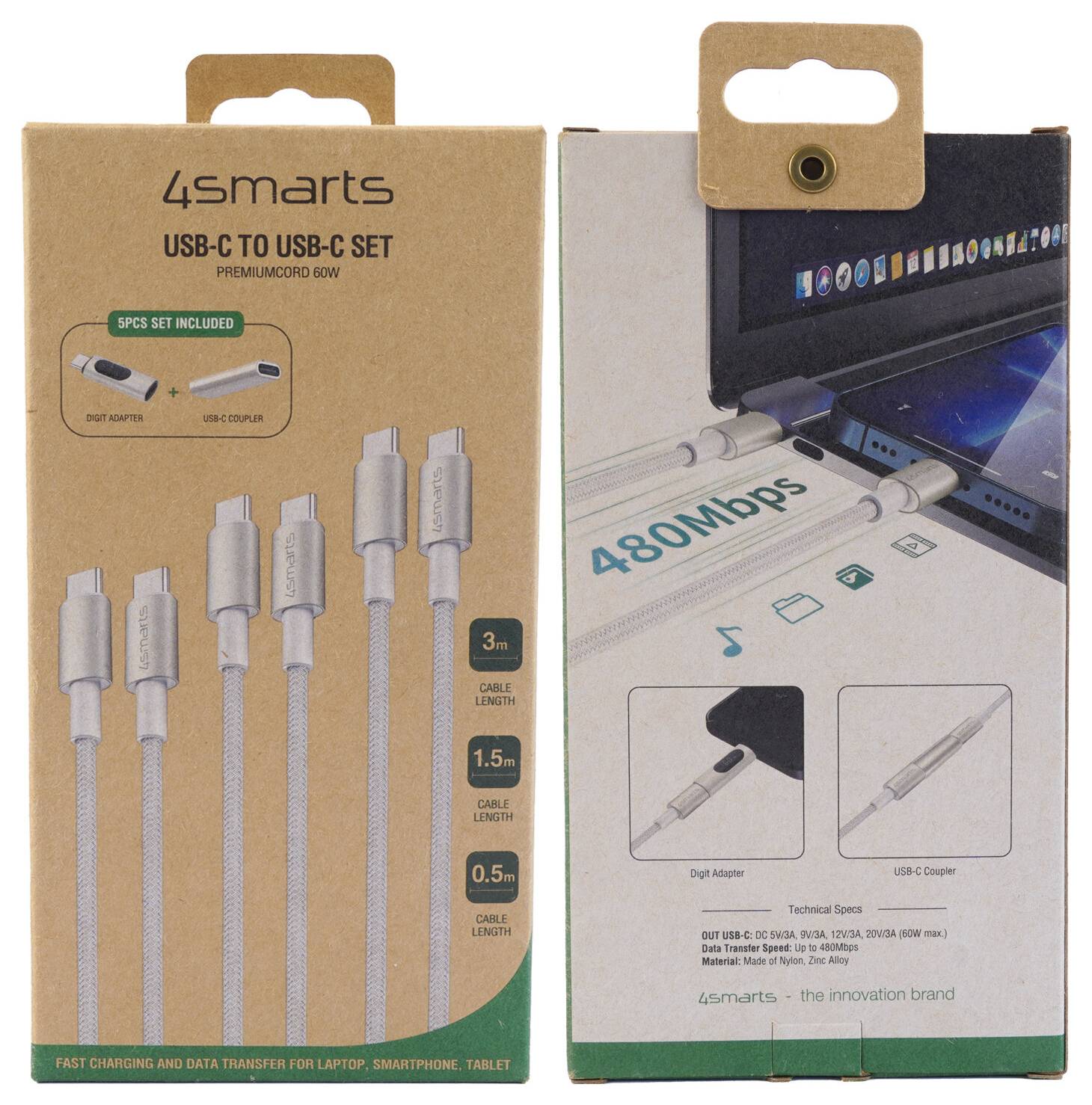 Dvije kutije proizvoda 4smarts USB-C na USB-C kabel sa prikazanim 60W premium kabelom, uključenim adapterima/spojnicama i prijenosom podataka od 480 Mbps.