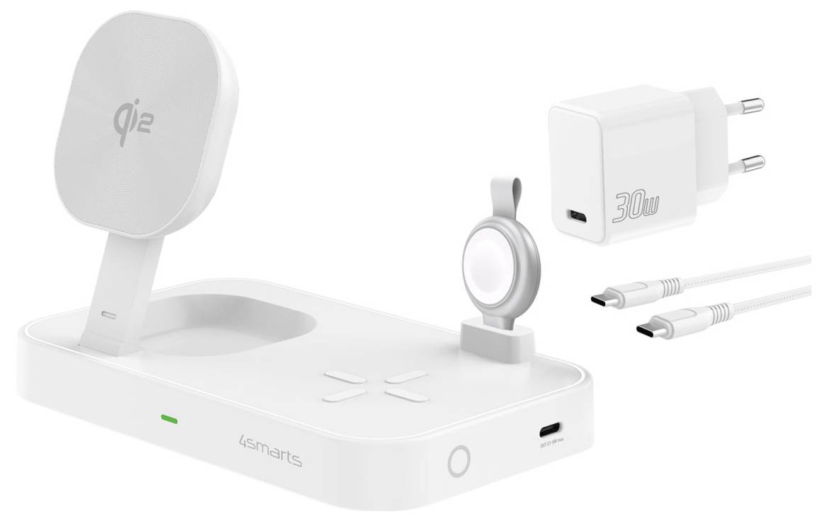 Bijela 4smarts bežična stanica za punjenje s Qi2 postoljem za telefon, Apple Watch puckom i uključenim 30W USB-C punačem i kablom prikazana na bijeloj pozadini.