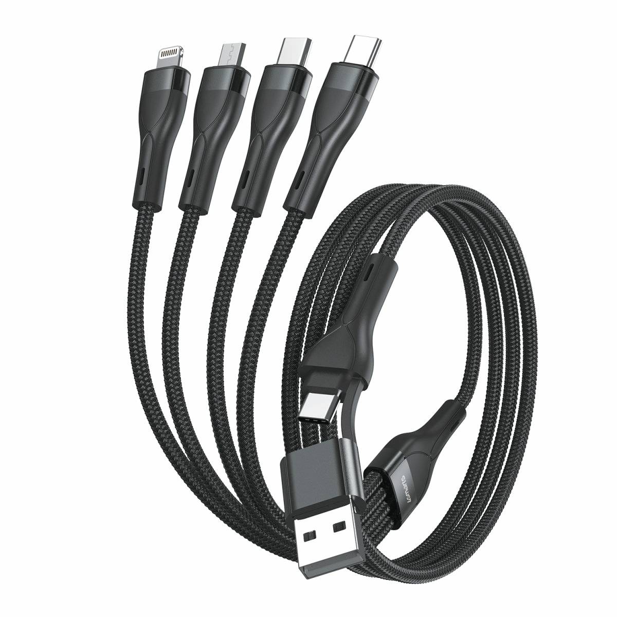 Pleteni multi-konektorski kabel za punjenje s USB-A, USB-C, Lightning i Micro-USB spojnicama, prikazan umotan na bijeloj pozadini.