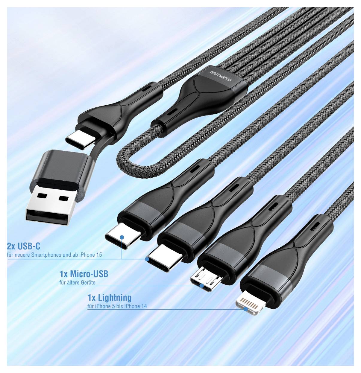 Set kablova za punjenje s više konektora i pletenjem sa USB-C, Micro-USB i Lightning nastavcima za pametne telefone i starije uređaje.