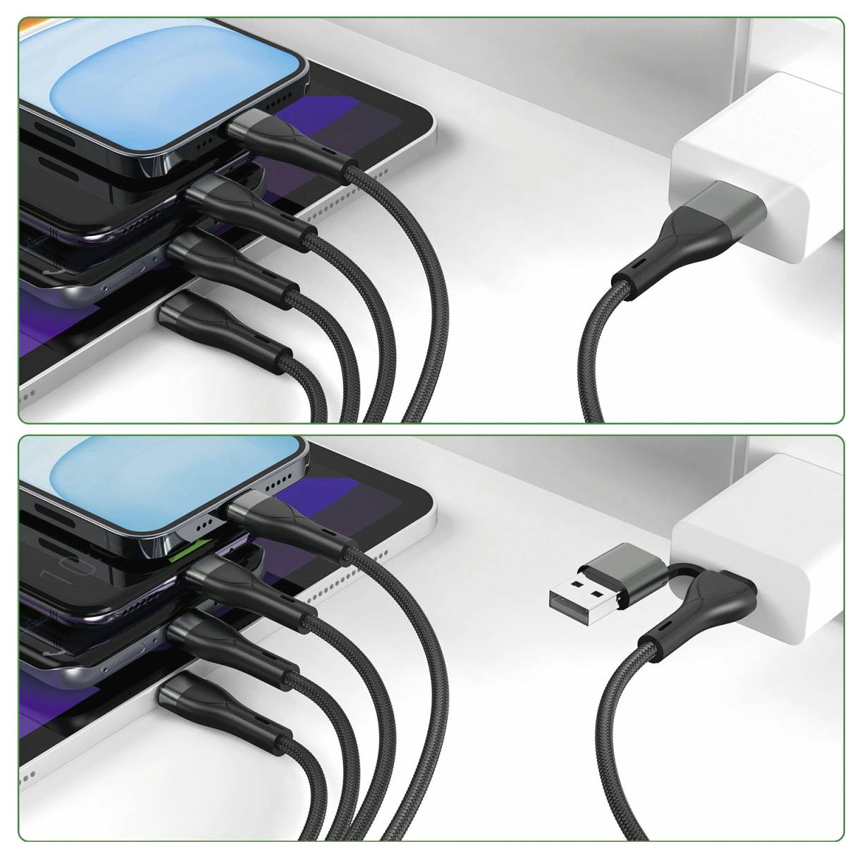 Dvopanelna ilustracija punjenja pametnog telefona: gornji dio prikazuje USB-C kabel povezan na zidni punjač; donji dio pokazuje punjač s izvlačivim USB utičem izloženim pored niza telefona koji se pune.