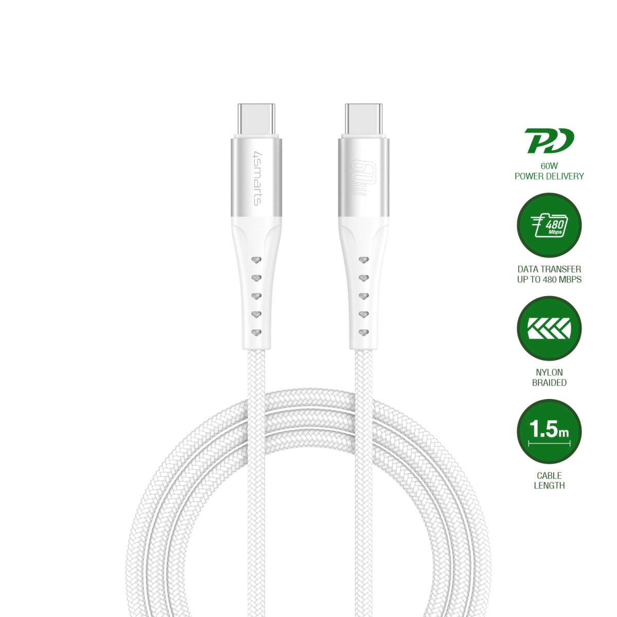 Bijeli USB-C na USB-C pletenici kabel prikazan svinut, s ikonama za isporuku snage od 60W, prijenos podataka do 480 Mbps i duljinu od 1,5 m.