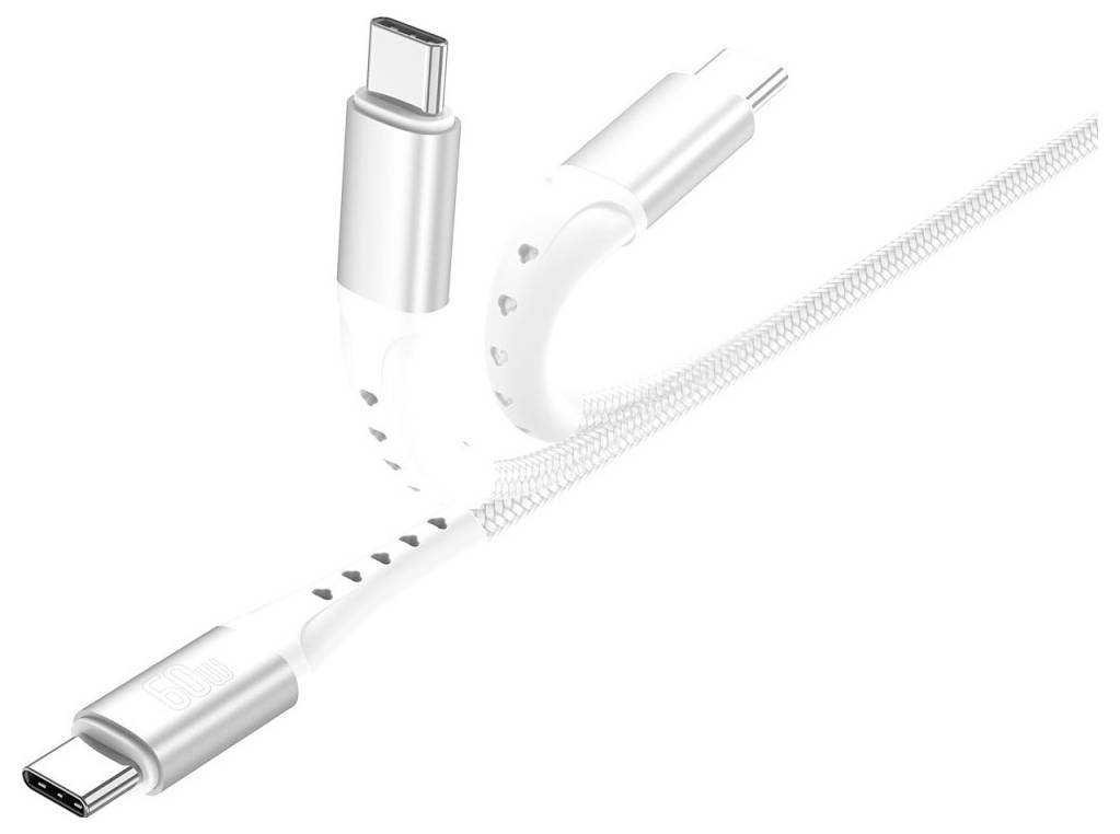 Bijeli USB-C kabel za punjenje s pletennom oblogom i srebrnim konektorima, prikazan s fleksibilno savijenim dijelom koji naglašava trajnost i zaštitu kabela.