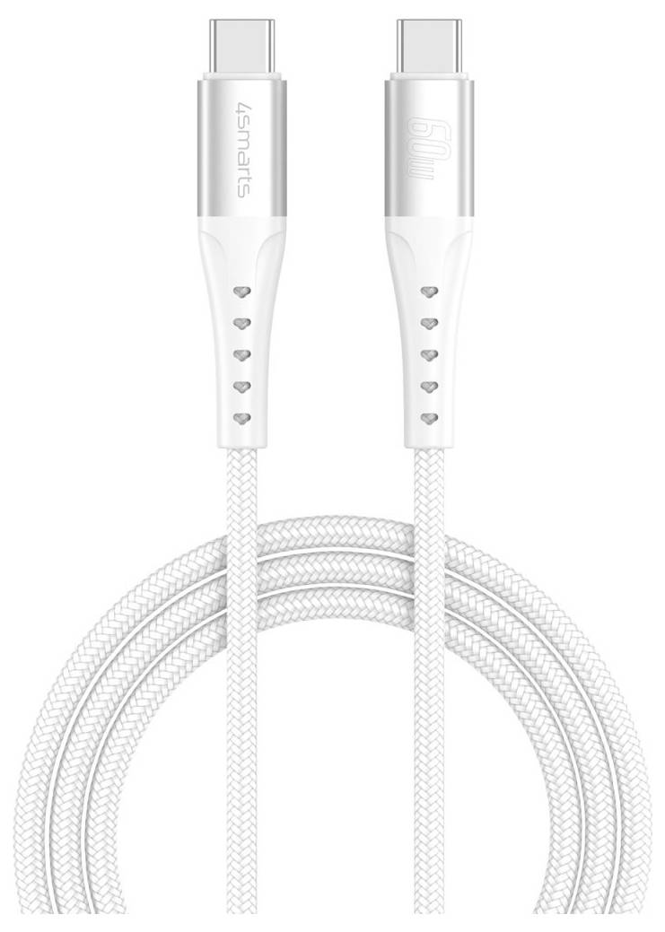 Bijeli USB-C kabel za punjenje s pletenim dizajnom i ojačanim konektorima, prikazan namotano na neutralnoj pozadini.