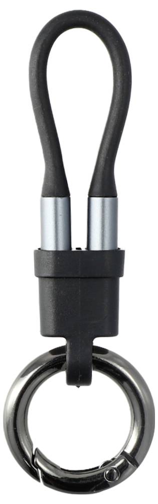 Crni kabel u petlji sa srebrnim konektorima i metalnim privjeskom za ključeve, prikazan na bijeloj pozadini.