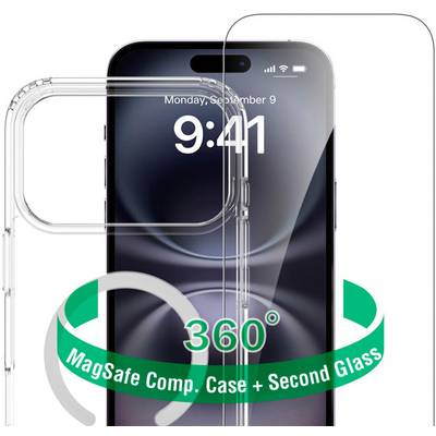 Prozirna MagSafe-kompatibilna futrola za iPhone s zaštitom ekrana, prikazana sprijeda i sa strane, označena kao '360° MagSafe Komp. Futrola + Drugo Staklo'.