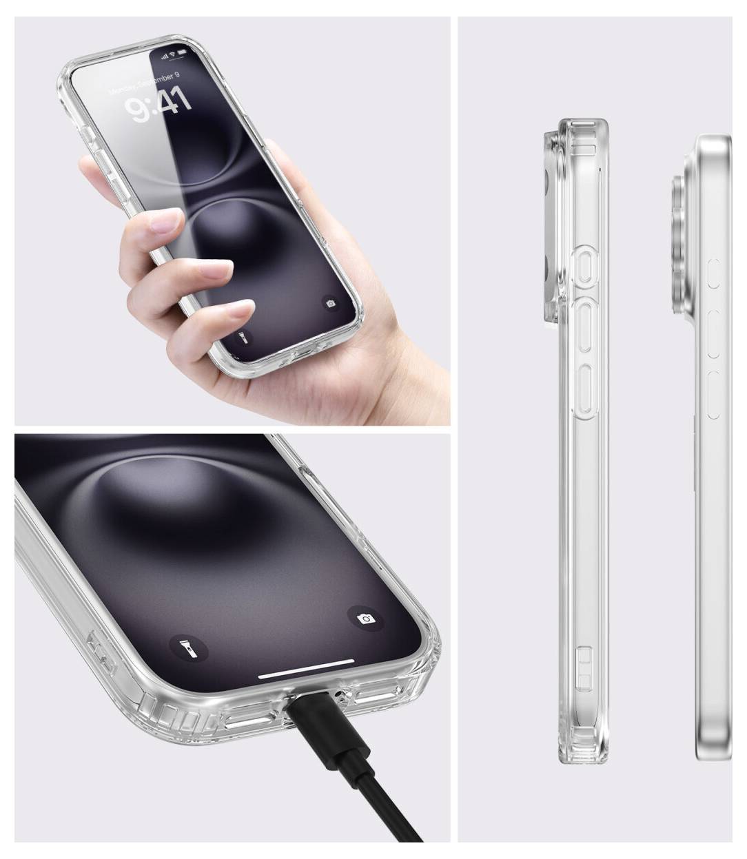 Prozirna futrola za iPhone prikazana sprijeda, sa strane i iz perspektive punjenja, s povišenim rubovima i izrezima za gumbe i priključak.