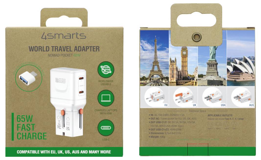 Pakiranje za 4Smarts World Travel Adapter, prikazujući bijeli priključak od 65W za brzo punjenje s USB portovima i kompatibilnošću za EU, UK, US, AU utičnice.