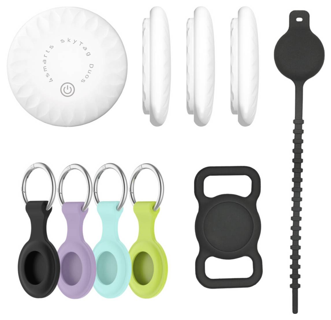 Kolaž proizvoda Smart Squeeze Duo uređaja: bijela okrugla jedinica s ikonom napajanja, prikazi sa strane, crni štapić, i šareni privjesci u obliku prstena od silikona u crnoj, ljubičastoj, plavoj i zelenoj boji.