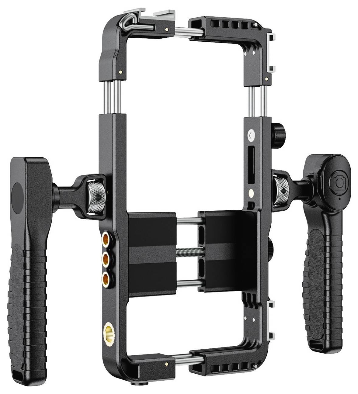 Crni stalak za pametni telefon s dualnim bočnim ručkama i montažnim okvirom za video snimanje