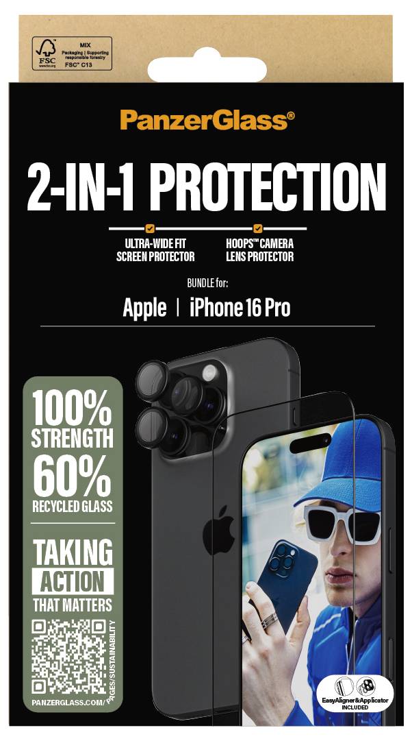 PanzerGlass pakovanje za Apple iPhone 16 Pro, označeno kao '2-U-1 ZAŠTITA' sa ultra-širok zaštitnikom ekrana i petljastim zaštitama objektiva kamere, 100% čvrstoće i 60% recikliranog stakla.