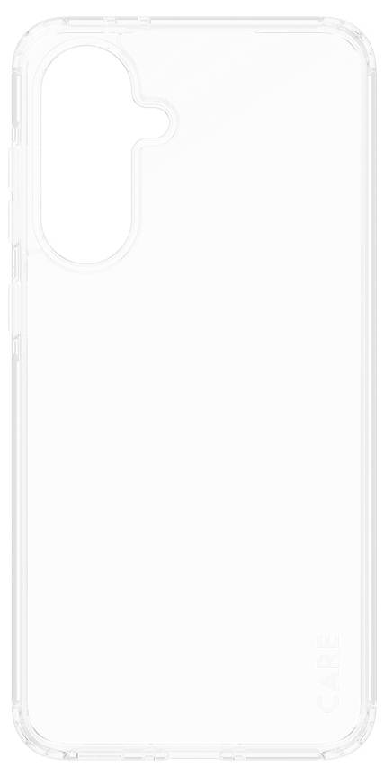Prozirna zaštitna futrola za telefon s izrezom za stražnju kameru i bočne gumbe, prikazana na jednobojnoj bijeloj pozadini.