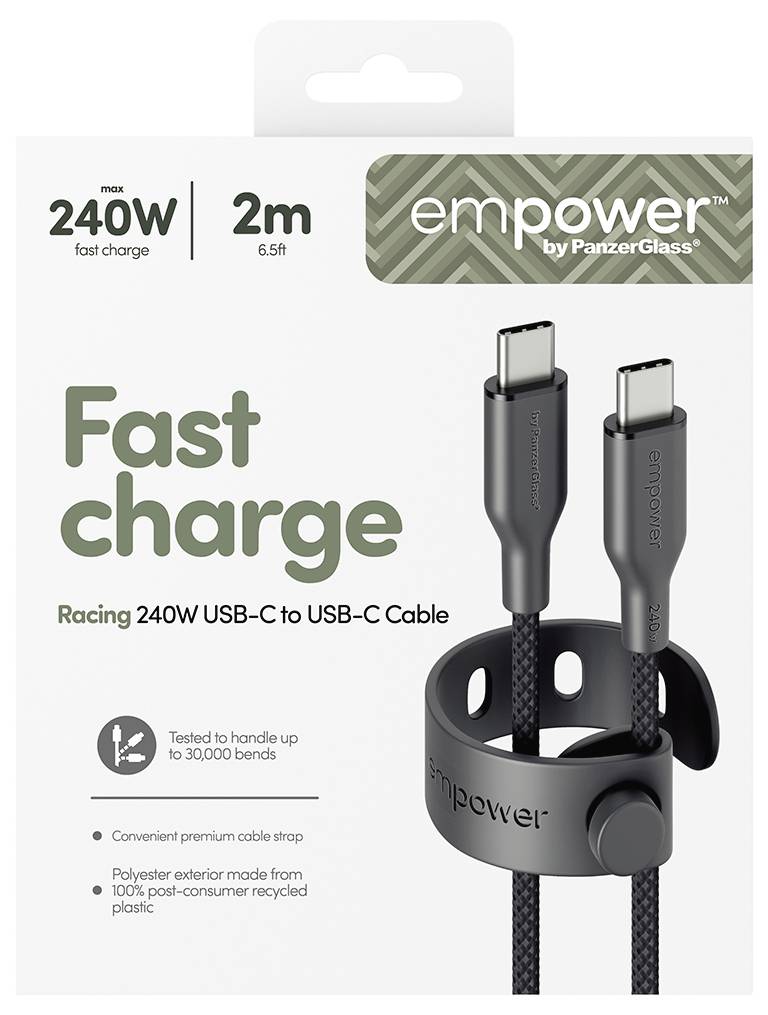 Pakiranje proizvoda za 'empower' 2m USB-C na USB-C kabel sa 240W brzim punjenjem, prikazujući kabel, vezicu i tvrdnje do 30.000 savijanja.