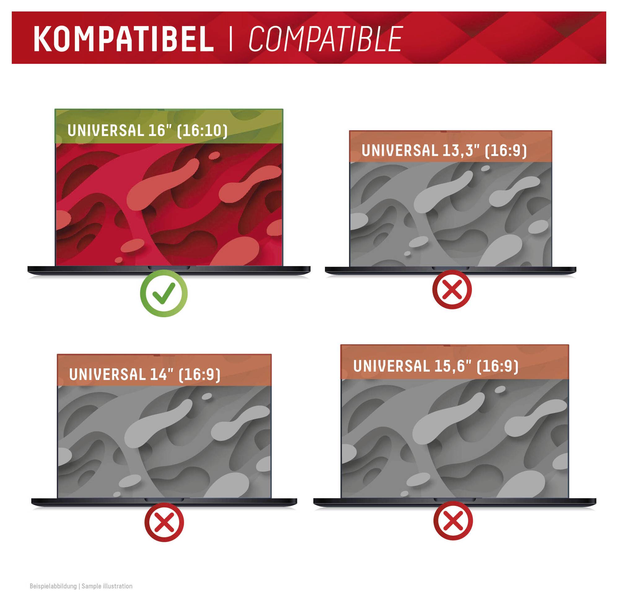 Tablica kompatibilnosti koja prikazuje 'KOMPATIBEL | COMPATIBLE': samo Universal 16" (16:10) je podržan, dok su Universal 13.3", 14" i 15.6" (16:9) označeni kao nekompatibilni.