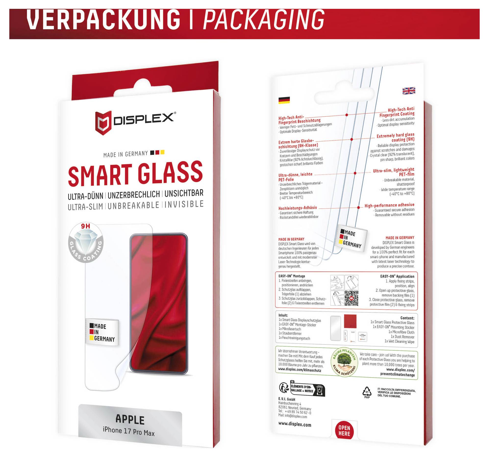 Pakiranje mockup za Displex 'Smart Glass' zaštitnik ekrana za Apple iPhone 17 Pro Max, prikazujući prednju i stražnju stranu kutije.