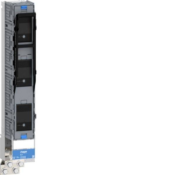 Vertikalna modularna jedinica elektrosklopne ploče ili sklopne opreme s tri naslagana crna odjeljka upravljanja i plavim brendom Hager