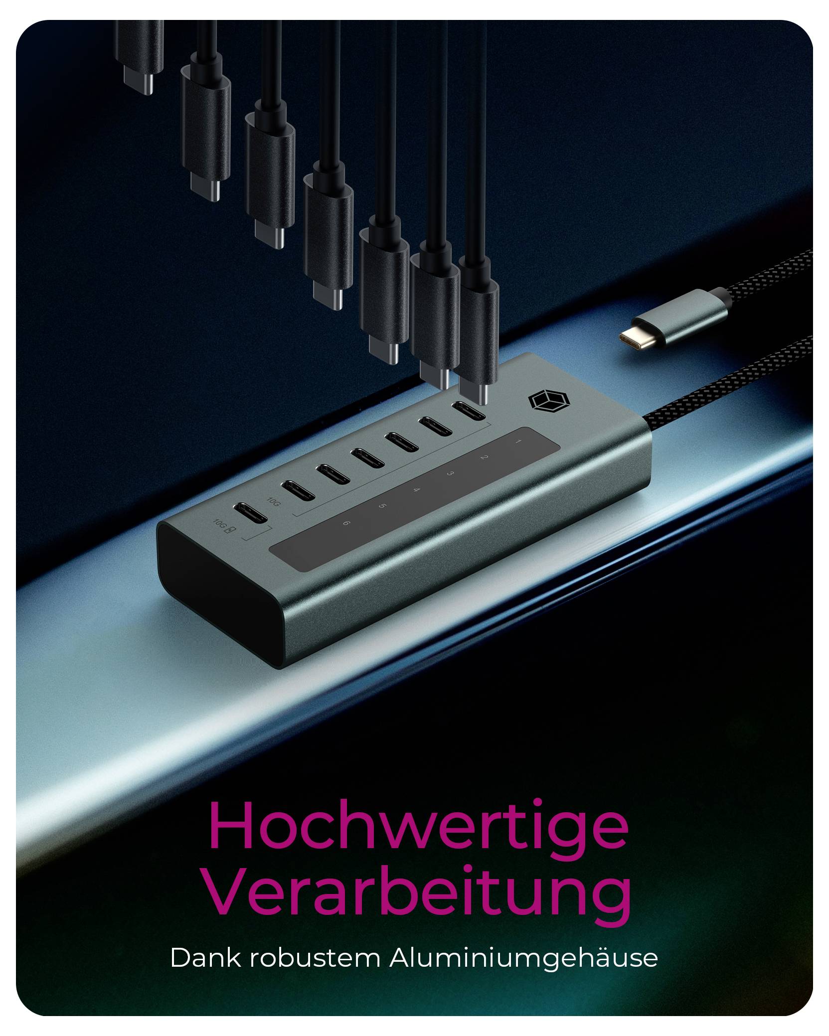 Hub za punjenje USB-C s više utičnica iznad njega i niemieckim tekstom koji glasi 'Hochwertige Verarbeitung' i 'Dank robustem Aluminiumgehäuse'.