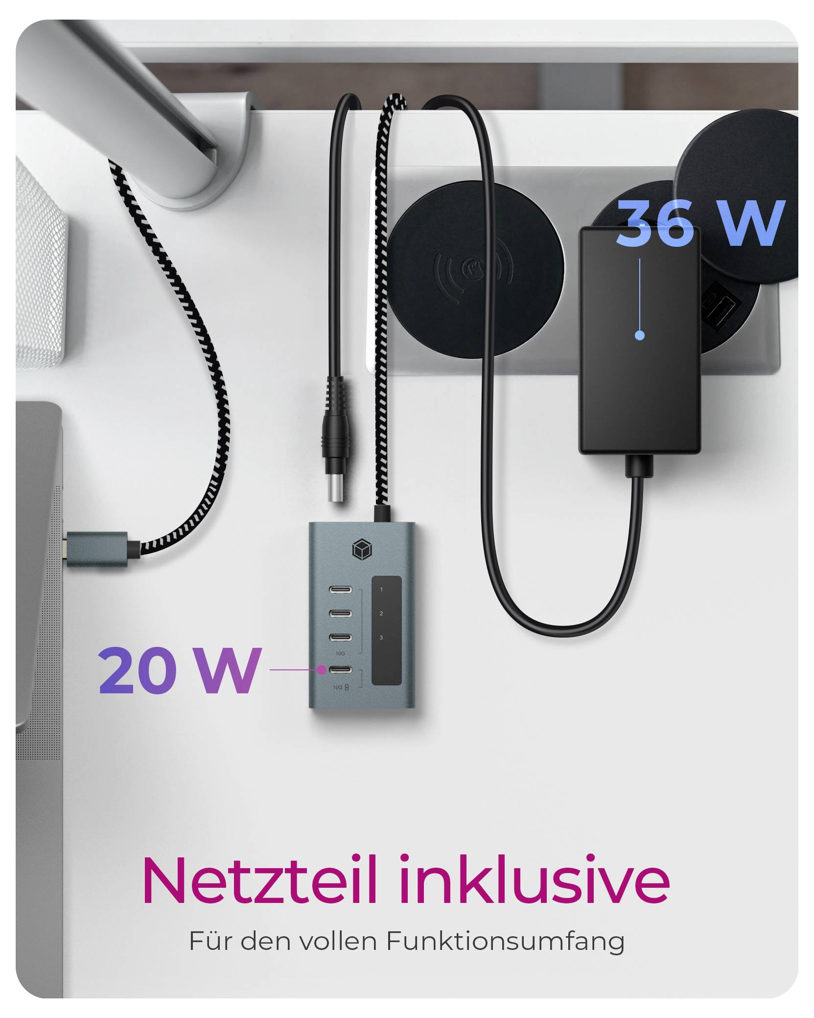 Slika proizvoda snimljena odozgo radnog stola s postavljanjem za punjenje s dva napajača označena s 20 W i 36 W, plus tekst 'Napajanje uključeno' i 'Za puni spektar funkcionalnosti'.