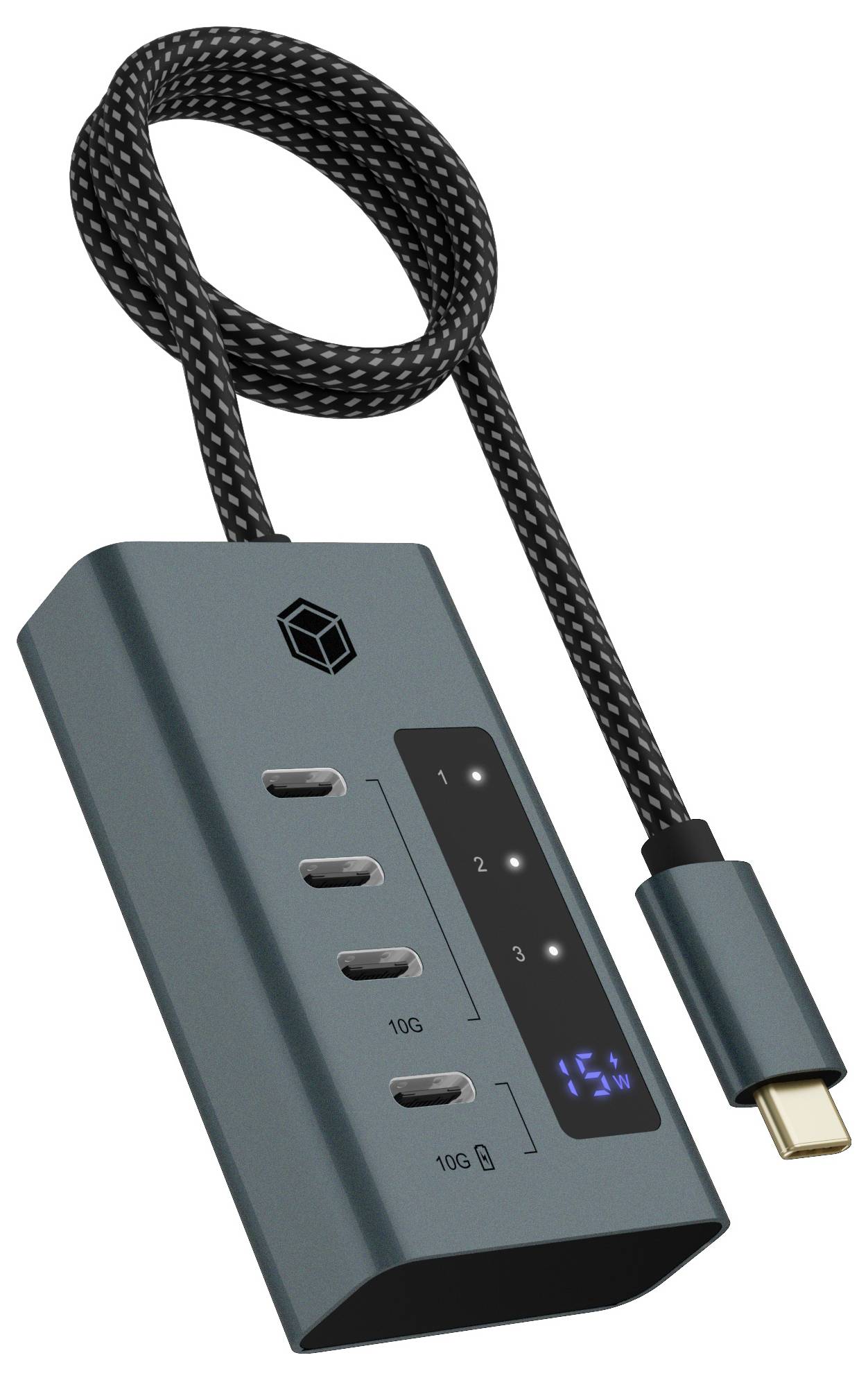 Prijenosni USB-C punjač s pletenjem kabelom, četiri priključka i LED zaslonom koji pokazuje postotak baterije od 15%.
