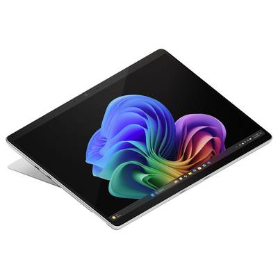 Prijenosno računalo/hibridni tablet sa zakošenim ekranom osjetljivim na dodir koji prikazuje šarenu apstraktnu Windows-sličnu pozadinu na crnom ekranu.