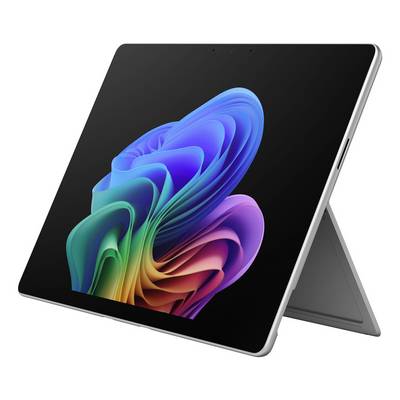 Tablet s crnim ekranom na kojem je prikazan šareni apstraktni cvijet sličan spirali, prikazan u kućištu sa postoljem pod kutom.