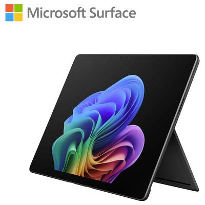 Microsoft Surface tablet u modu za stalak sa šarenom apstraktnom pozadinom na ekranu, prikazan na bijeloj pozadini sa Surface logotipom.