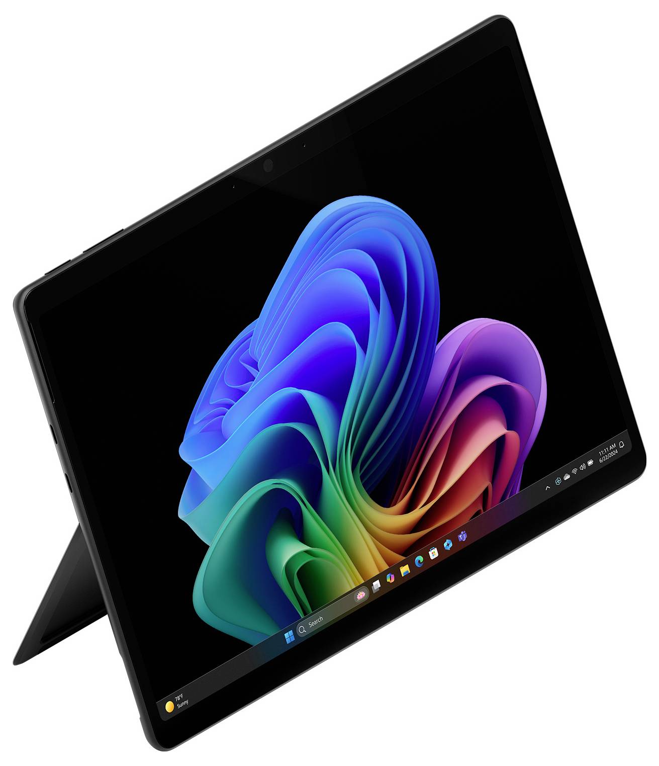 Crni 2-u-1 tablet laptop na postolju sa sklopivom nogom, prikazuje šarenu apstraktnu Windows-sličnu pozadinu na nagnutom zaslonu.